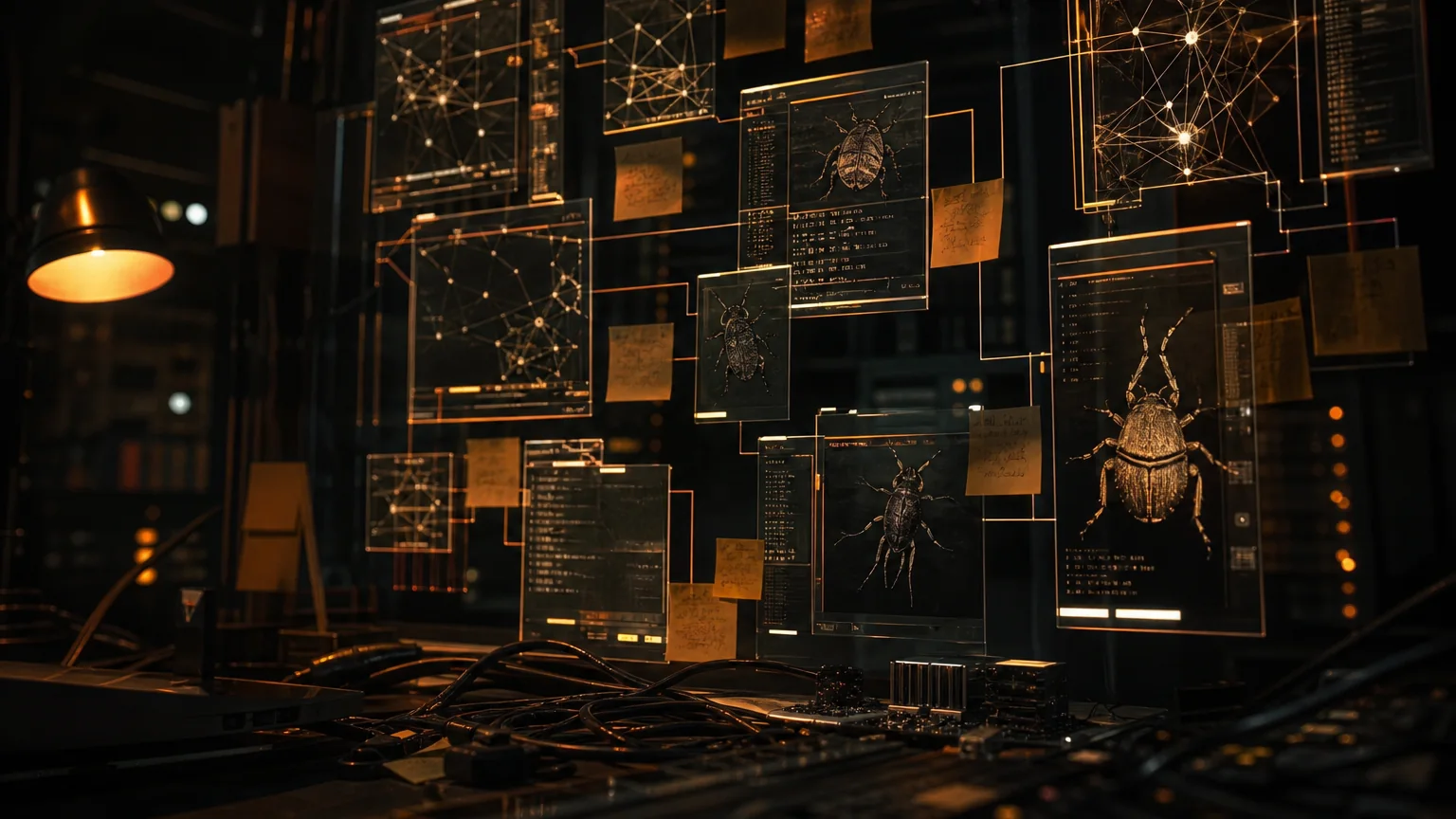 Abstract code forensics panels suspended above a dark workbench