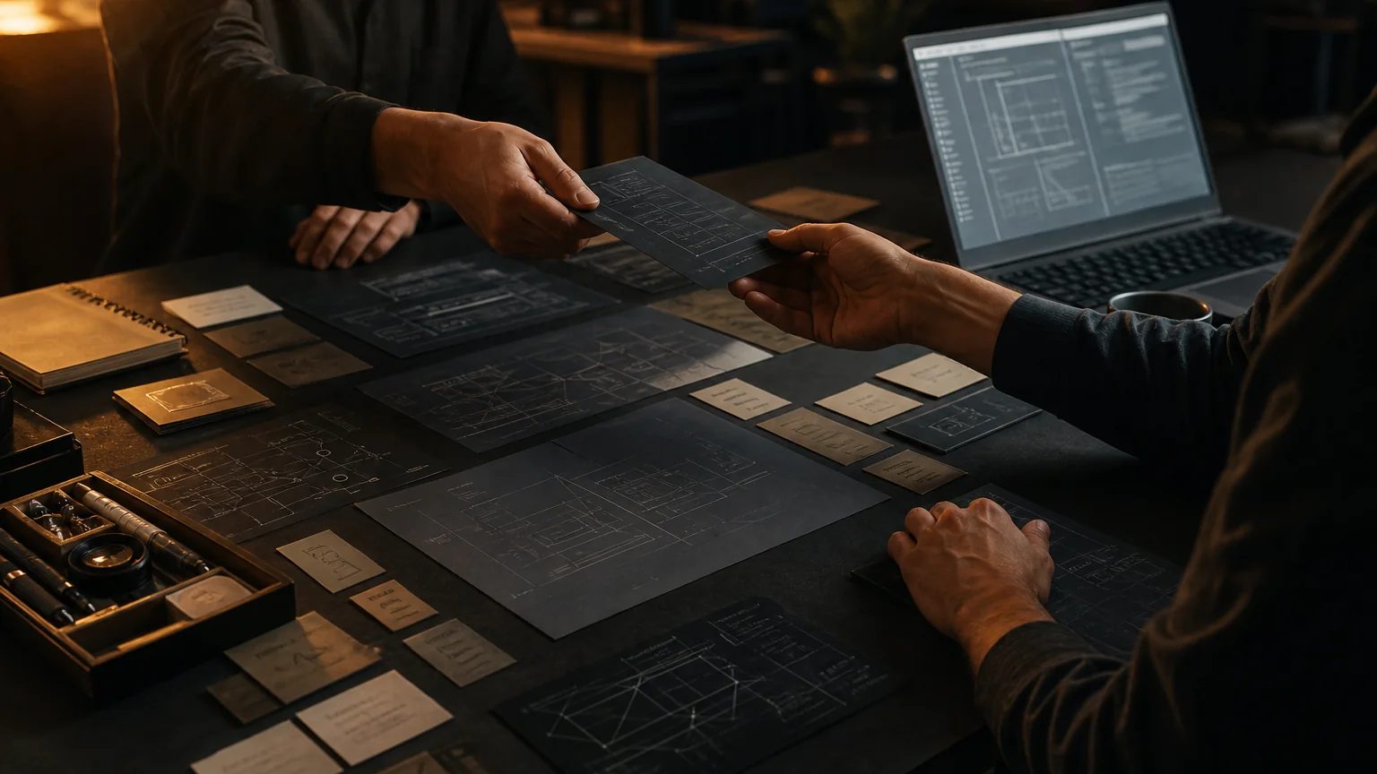 Dark handoff table with abstract architecture diagrams and repair notes