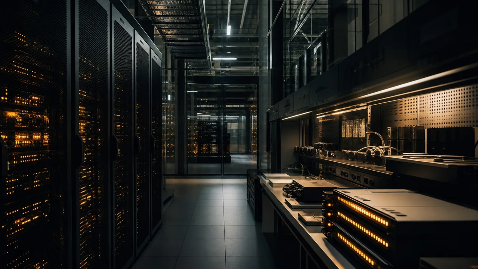 Amber-lit server corridor and deployment bench in a dark data center