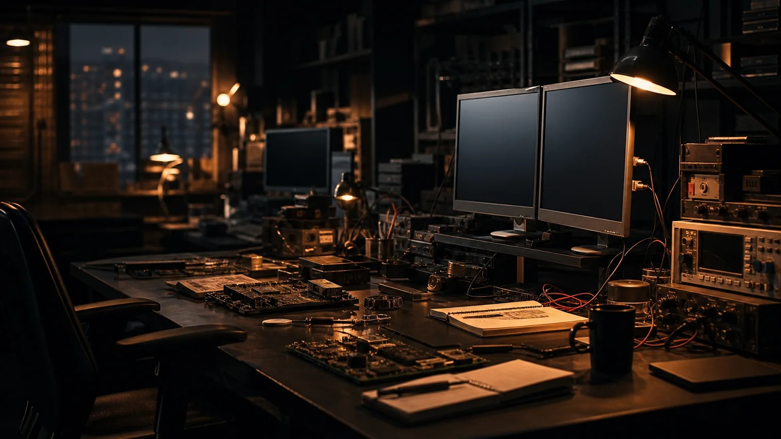 Dark engineering desk with monitors, hardware boards, and amber task lights